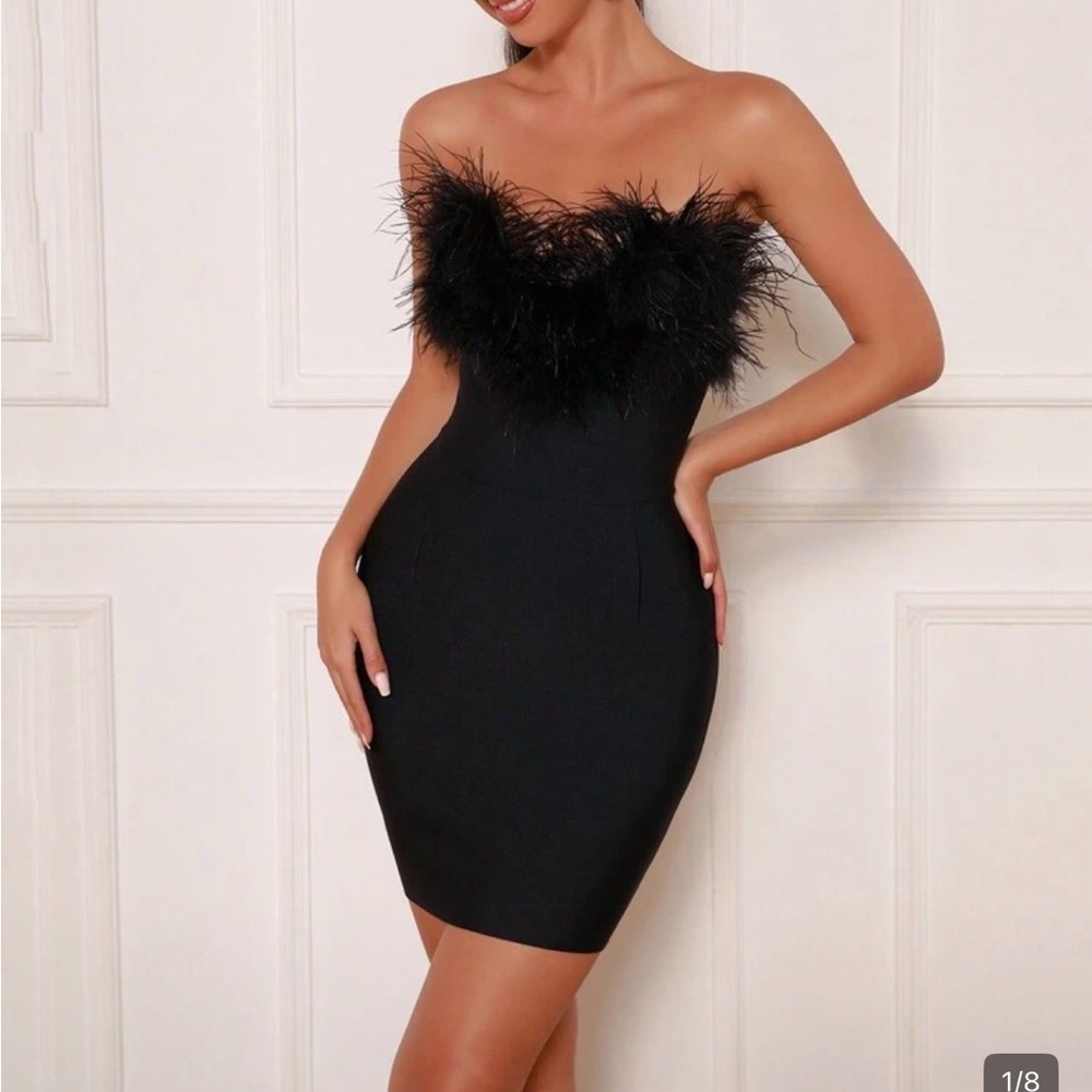 Strapless Black Feather-Trim Bodycon Dress